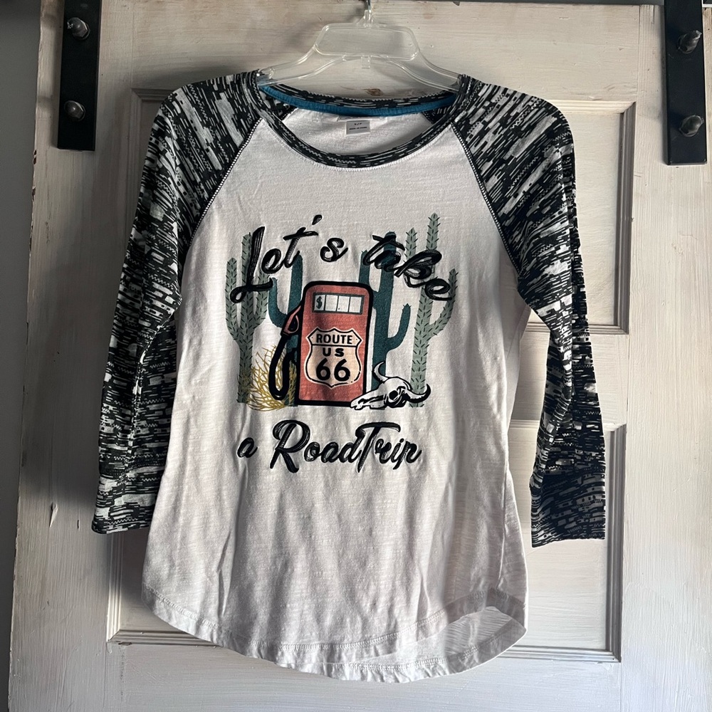 Ariat White Raglan Tee with Black Patterned Sleeves and Route 66 Graphic